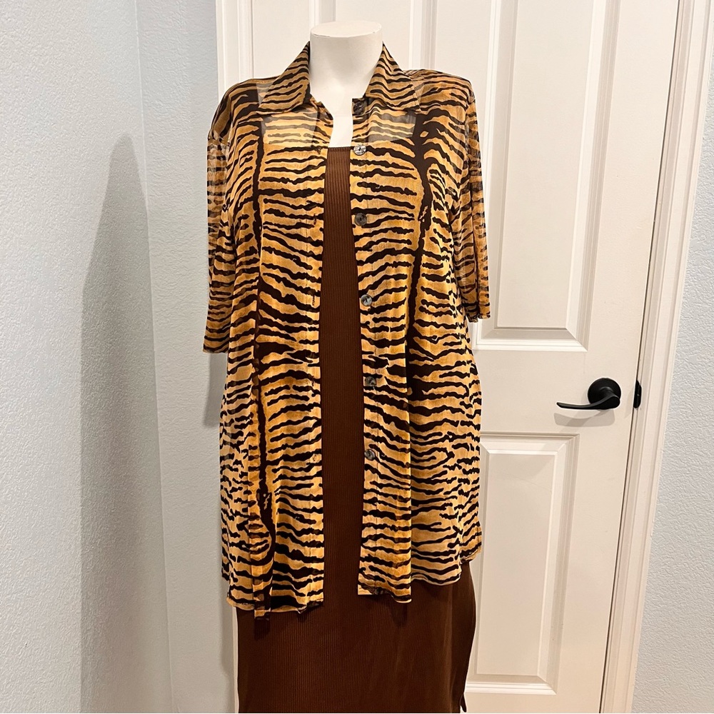 Vintage Tiger Print Mesh Button Down Duster Size OS